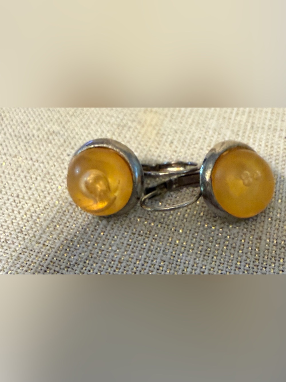 Vintage Amber Stone Silver-Tone Earrings- Yellow Amber Look